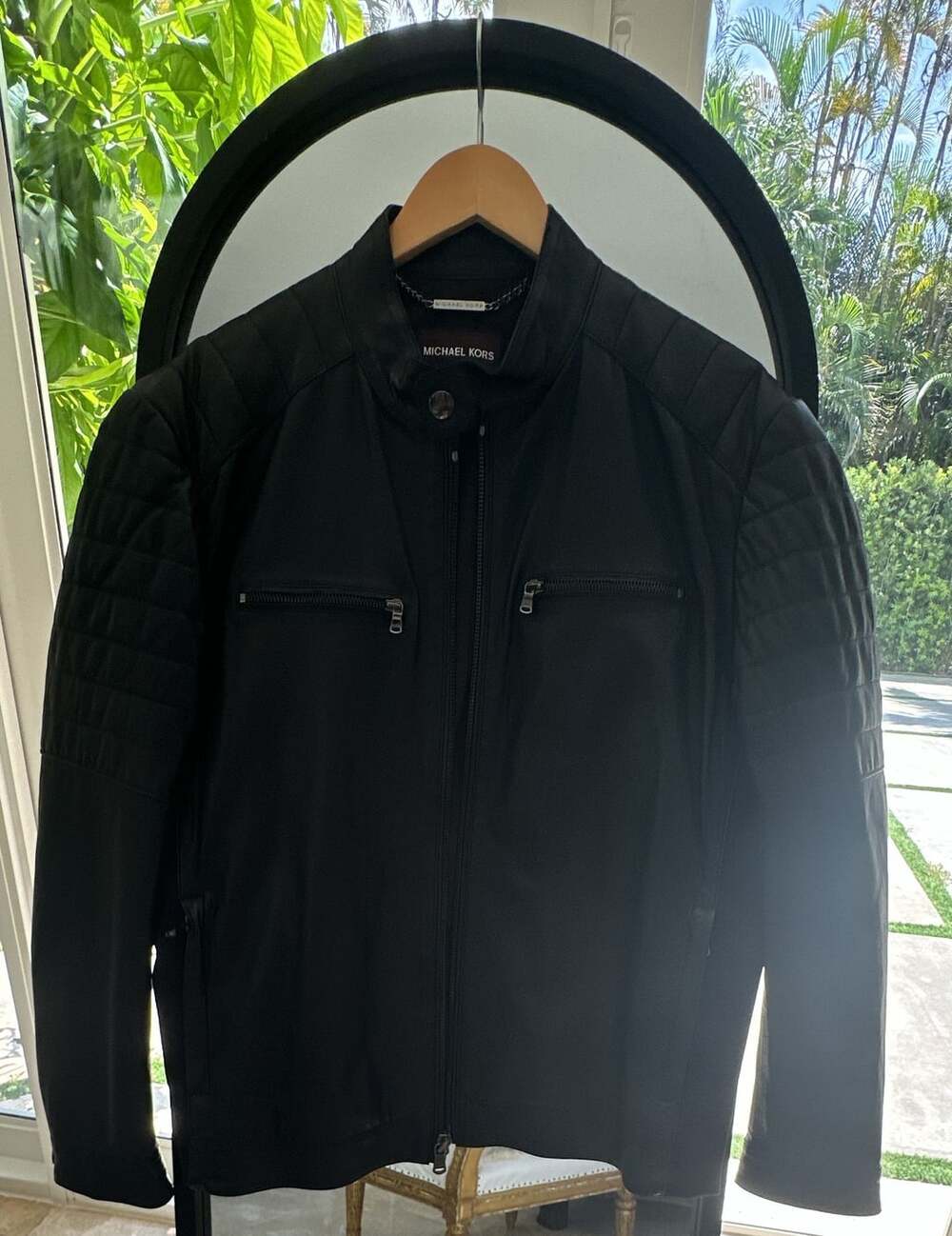 Michael Kors Men's Black Quilted Shoulders Full-Zip Leather Biker Jacket XL